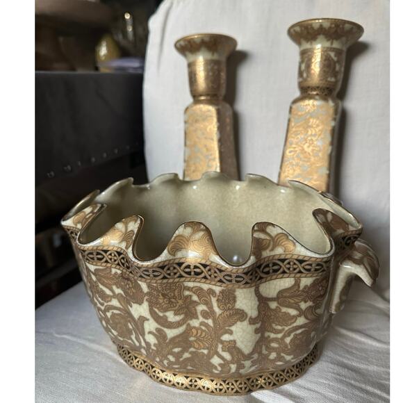 Vintage Chinese set Pair Hand Painted Candle Holders Candlestick gold bowl Asian - Picture 1 of 16